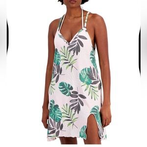 Miken Tropical Leaf Print Swim Coverup in White and Green